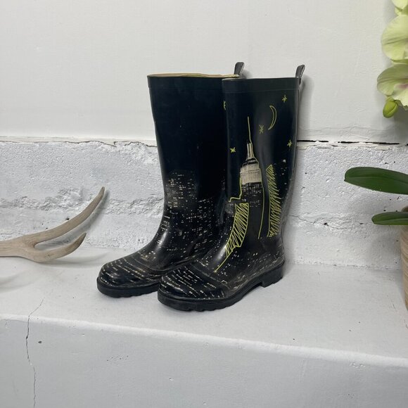 Capelli New York City 6 Black & Yellow Rubber Skyscraper Mid-Calf Rain Boots - Picture 2 of 8